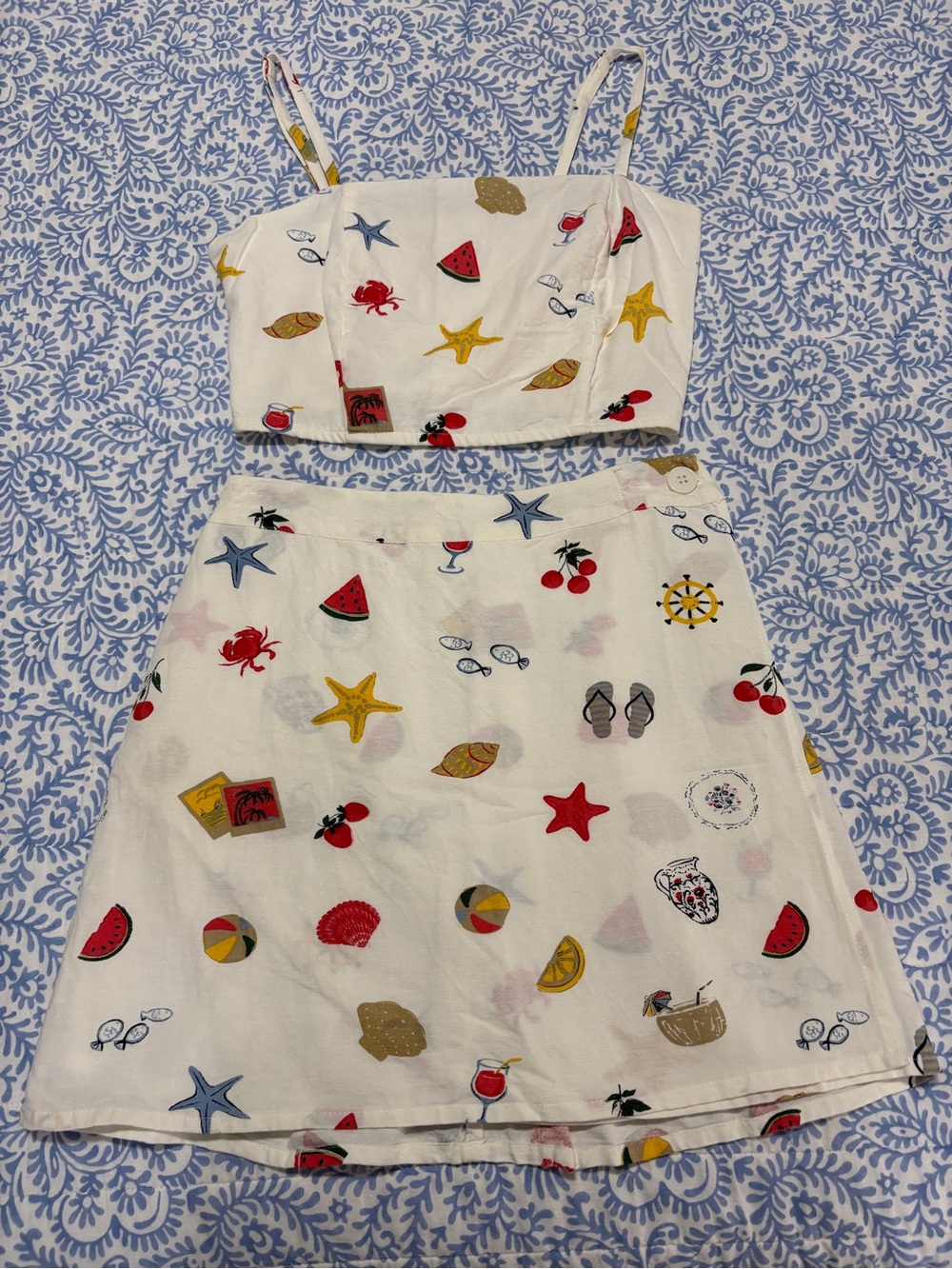 White Summer Two-Piece Crop Top & Skirt Set with Beach Print